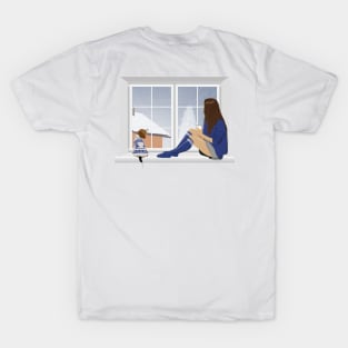 Girl and beagle dog sitting on the window. T-Shirt